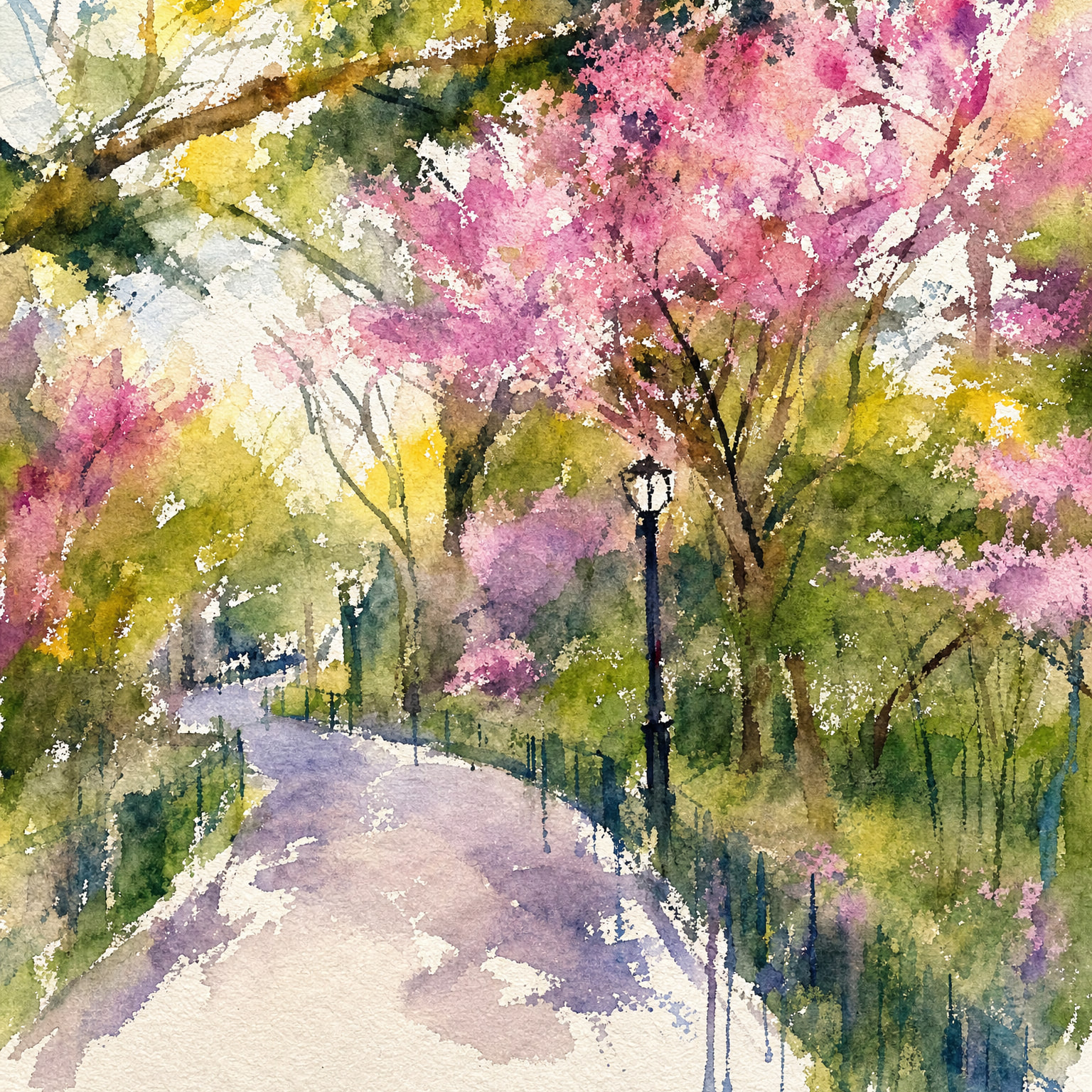 A park path beneath flowering trees rendered as a loose, expressive watercolor