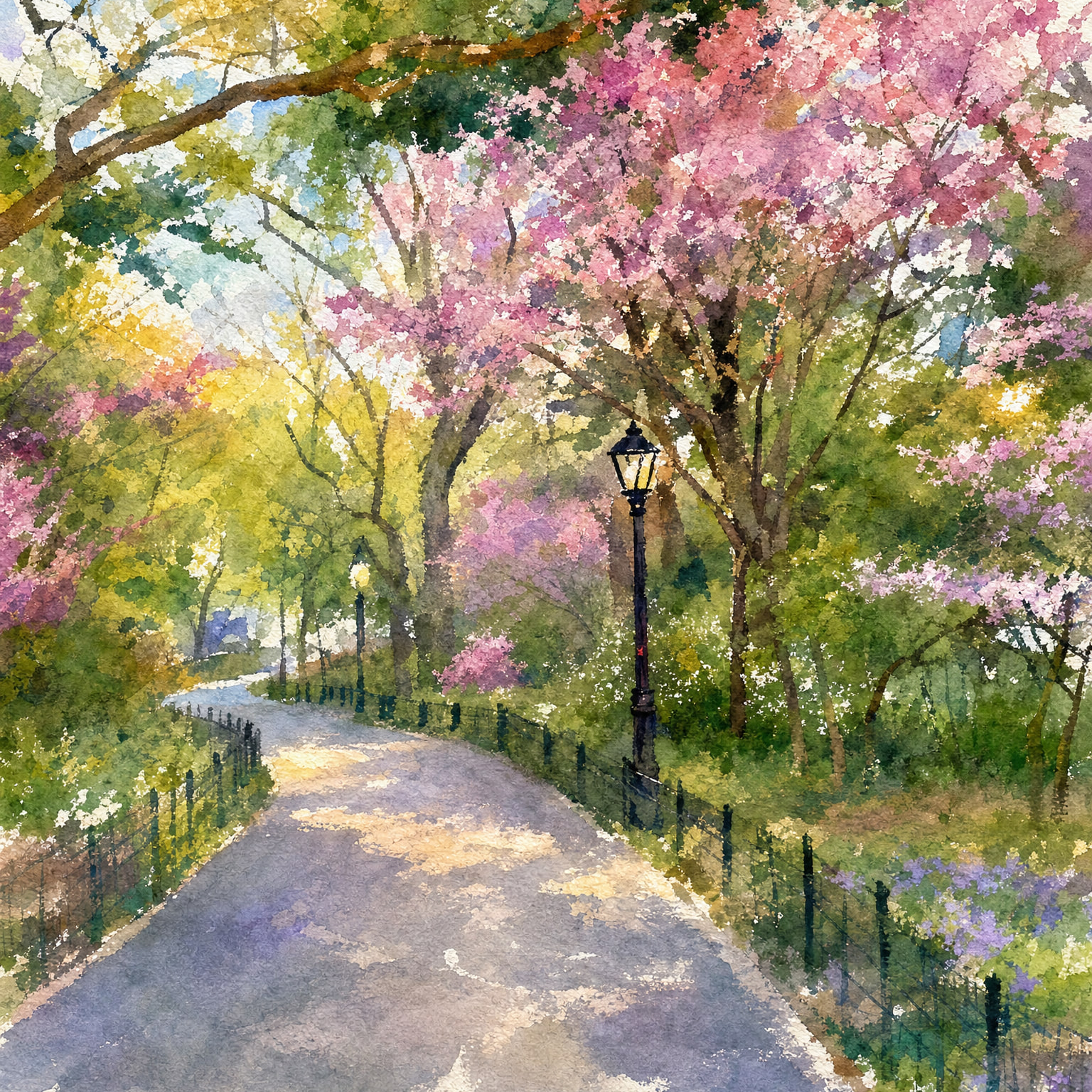 A park path beneath flowering trees rendered as a painterly, impressionistic watercolor