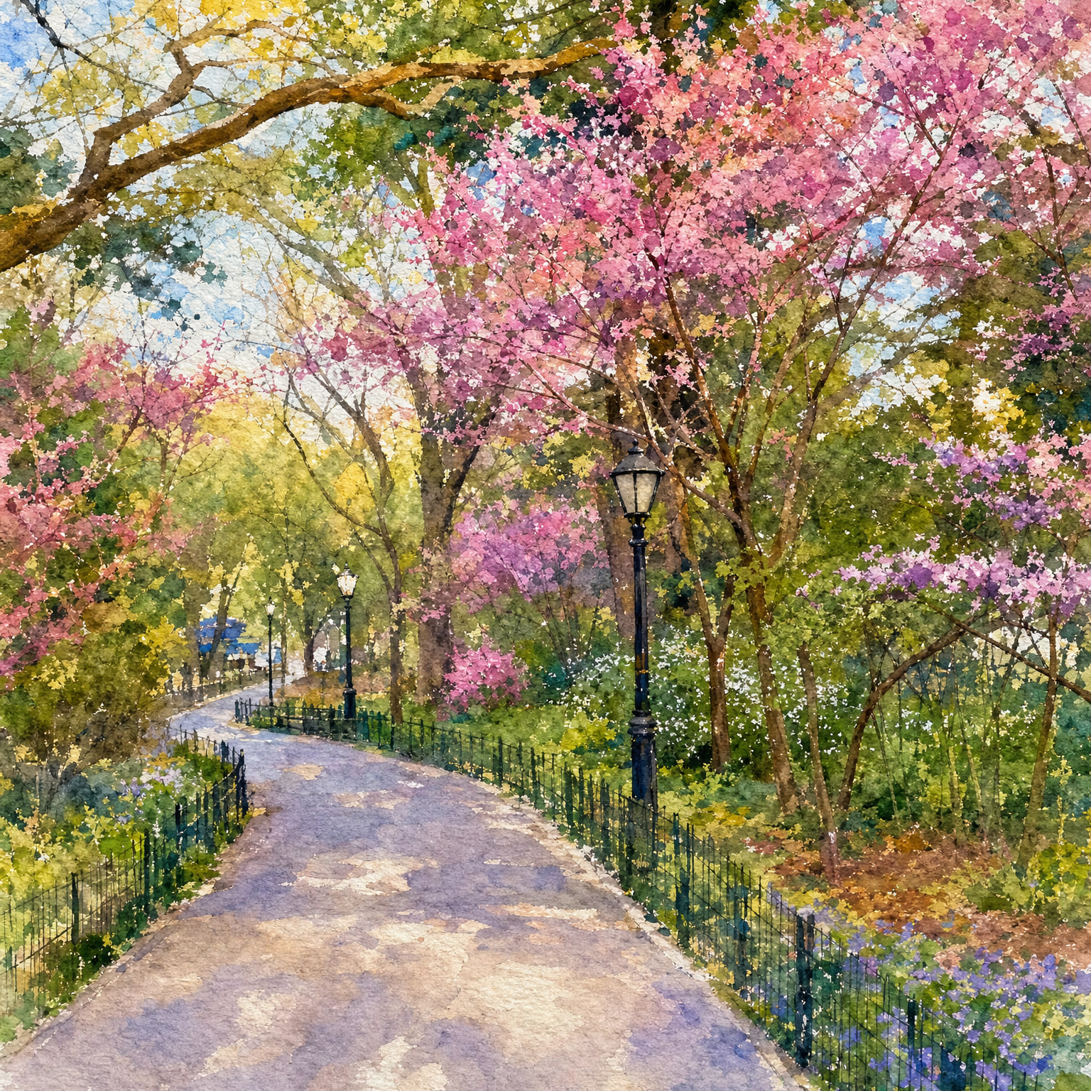 Watercolor rendering of the park path in the refined & balanced style