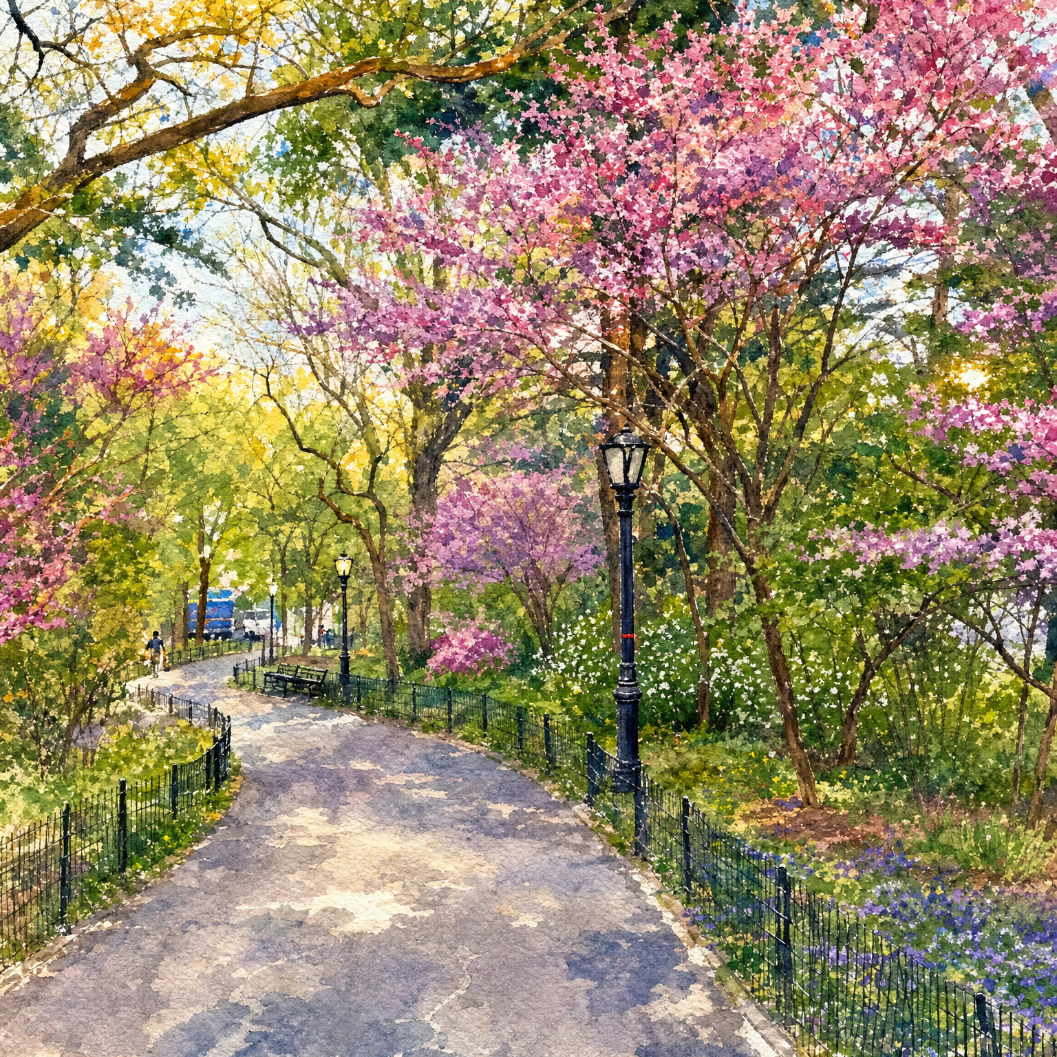 A park path beneath flowering trees rendered as a detailed, controlled watercolor