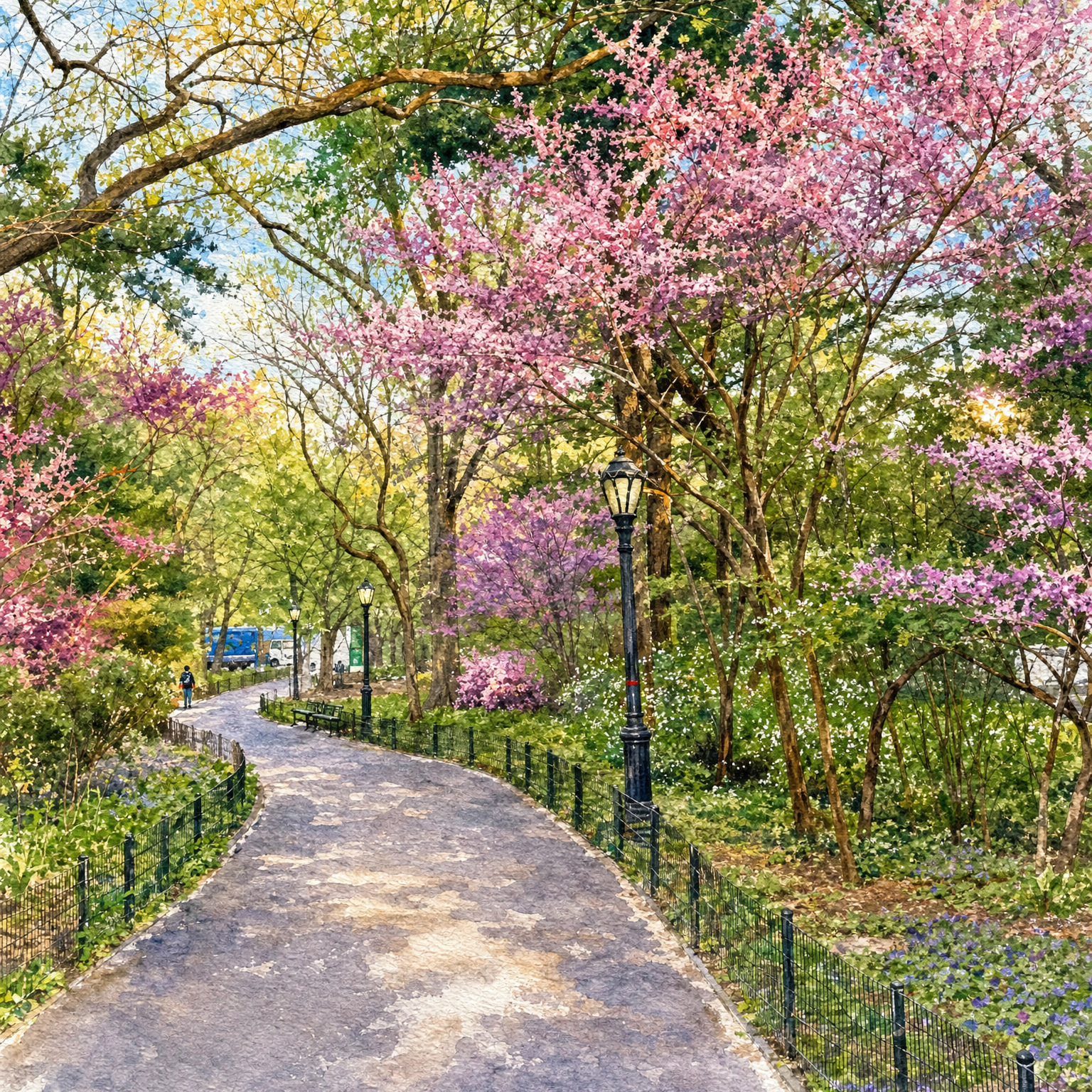A park path beneath flowering trees rendered as a detailed, representational watercolor